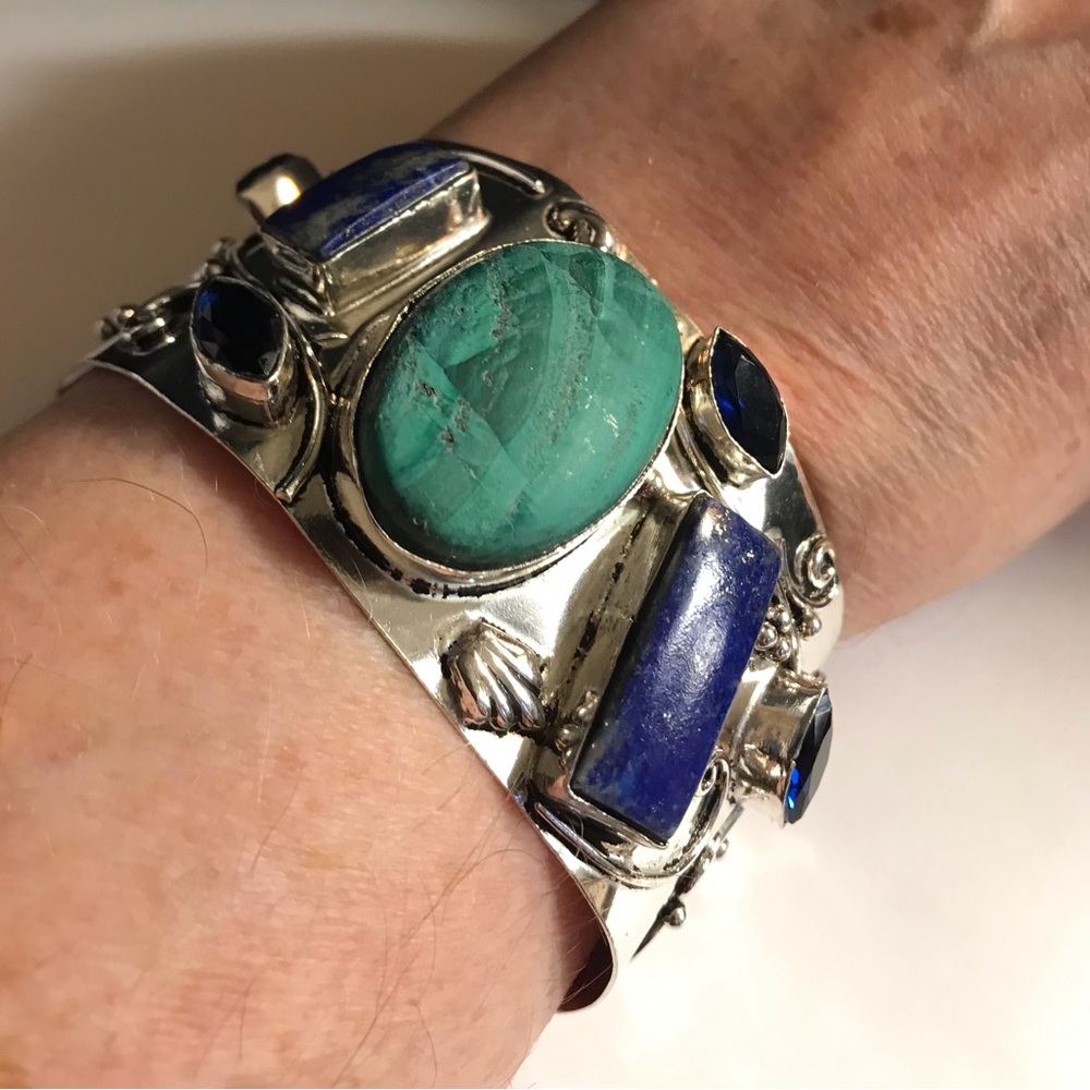 Malachite Lapis Lazuli Tanzanite Stamped 925 Sterling Silver Cuff Bracelet
